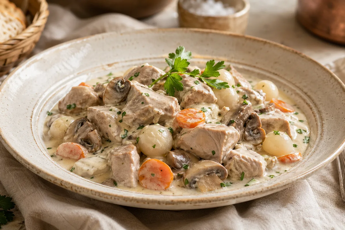 Blanquette de veau à l'ancienne en préparation Préparation de Blanquette de veau à l'ancienne avec produits français
