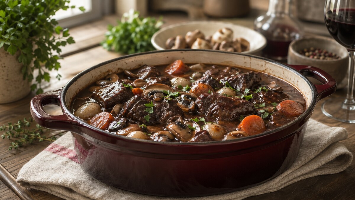 Recettes classiques illustré par boeuf bourguignon traditionnel