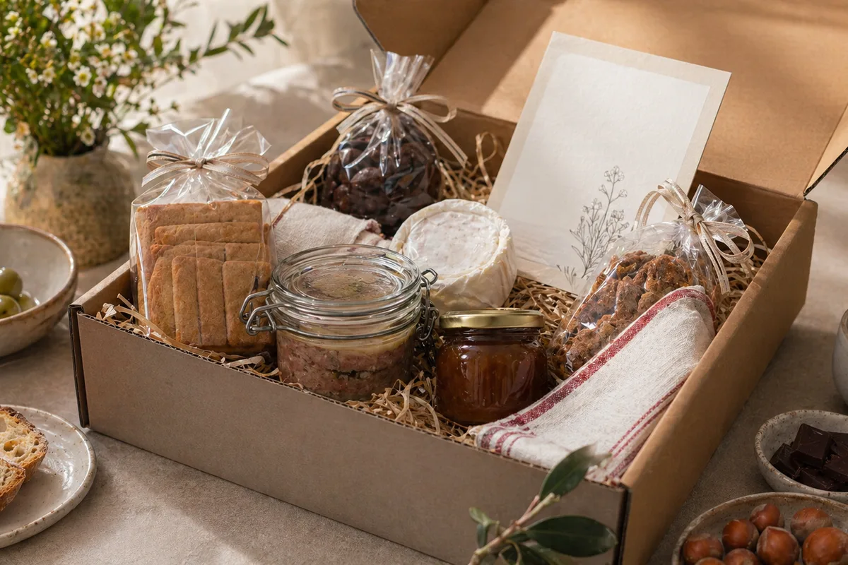 Préparation de Box gourmandes françaises avec produits français