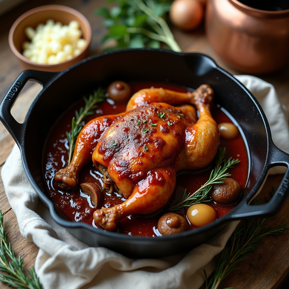 Détail gourmand de Coq au vin traditionnel
