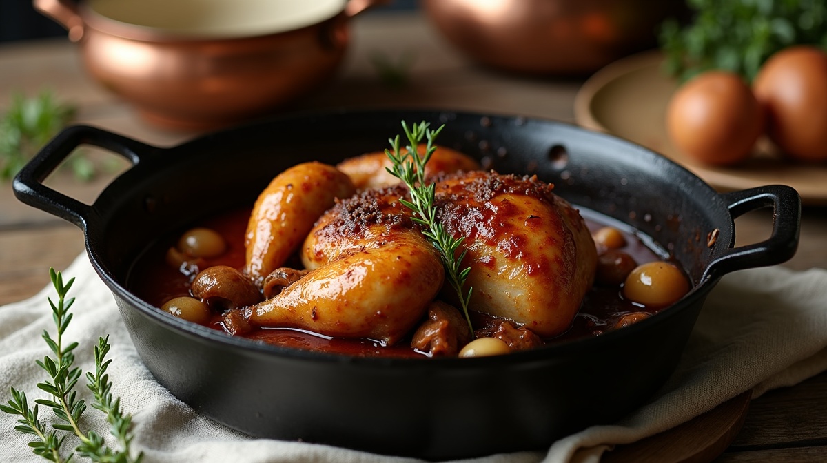 Coq au vin traditionnel préparé par Juliette Martin
