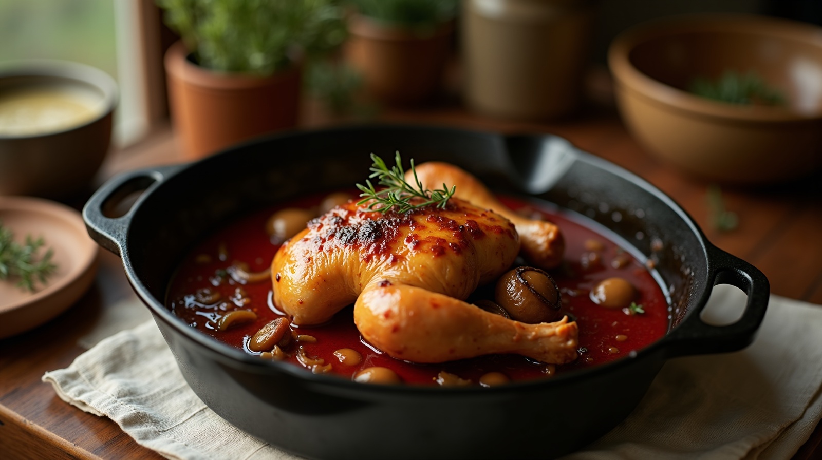 Préparation de Coq au vin traditionnel avec produits français