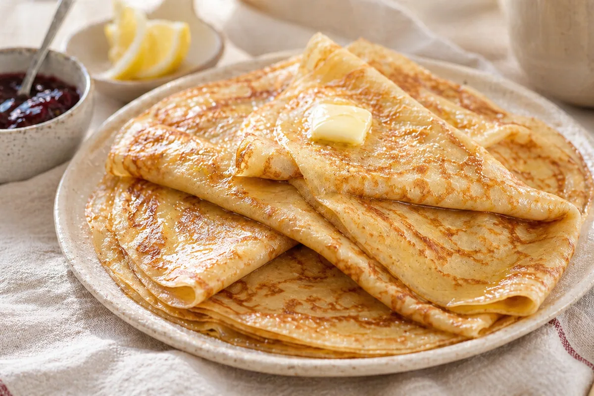 Crêpes françaises moelleuses en préparation Préparation de Crêpes françaises moelleuses avec produits français