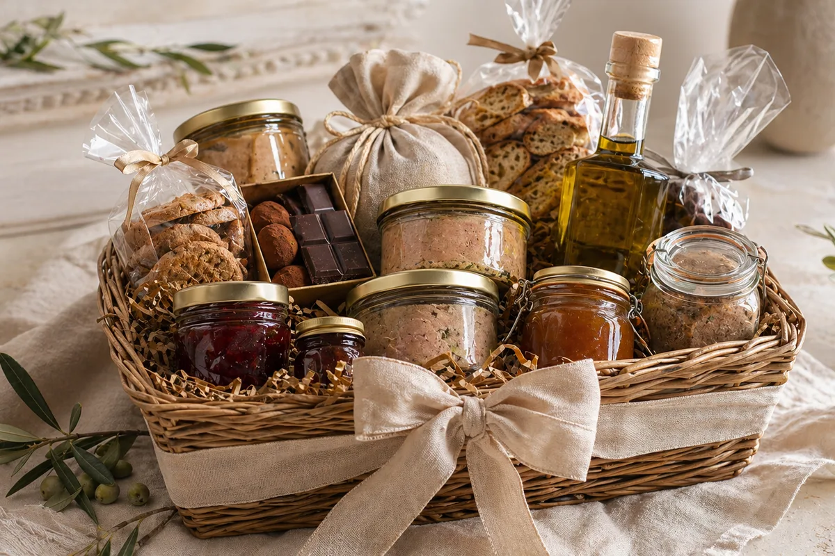 Paniers gourmands français en préparation Préparation de Paniers gourmands français avec produits français