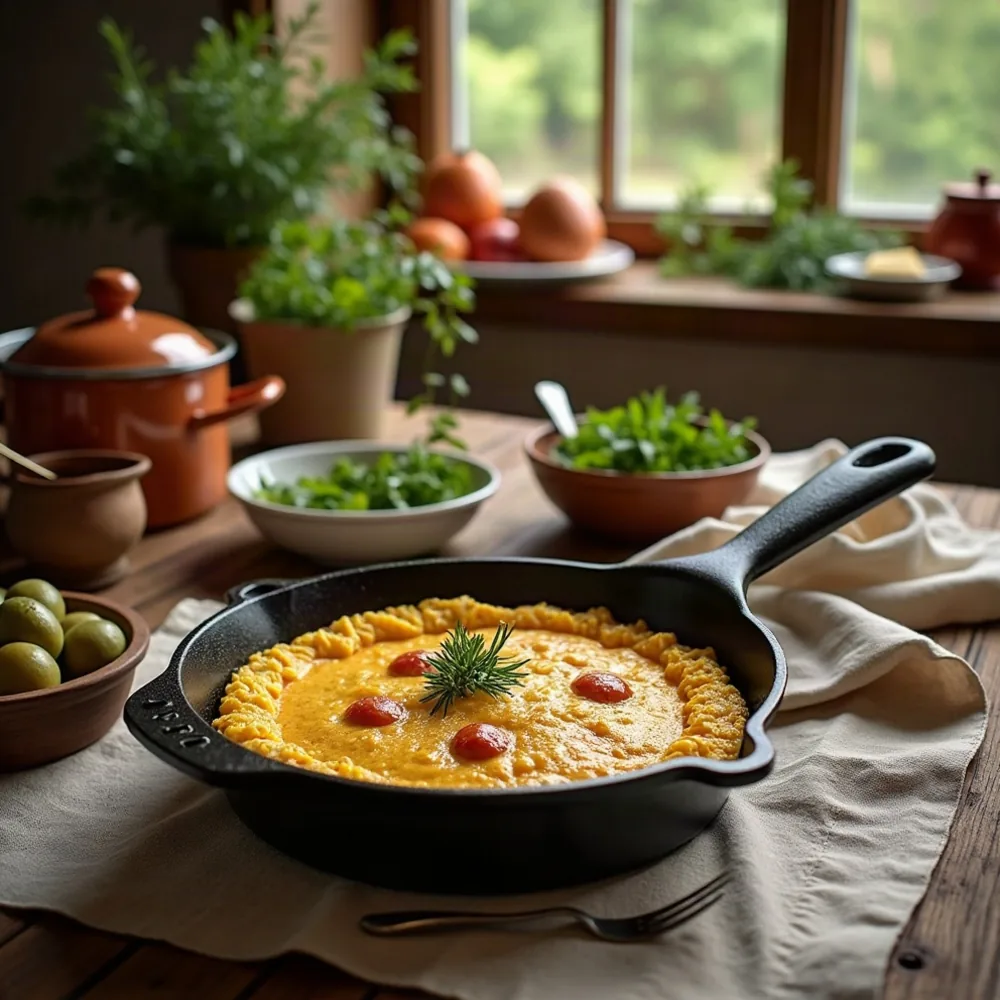 Omelette de campagne dorée dans une poêle en fonte, brin de romarin et bols de salade en arrière-plan
