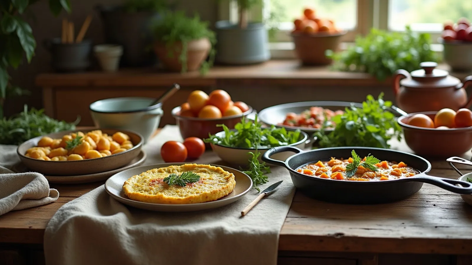 Omelette de campagne dorée dans une assiette, poêlée de légumes en cocotte de fonte et bol de pommes de terre rissolées