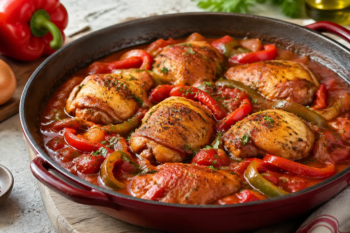 Poulet basquaise familial en préparation Préparation de Poulet basquaise familial avec produits français