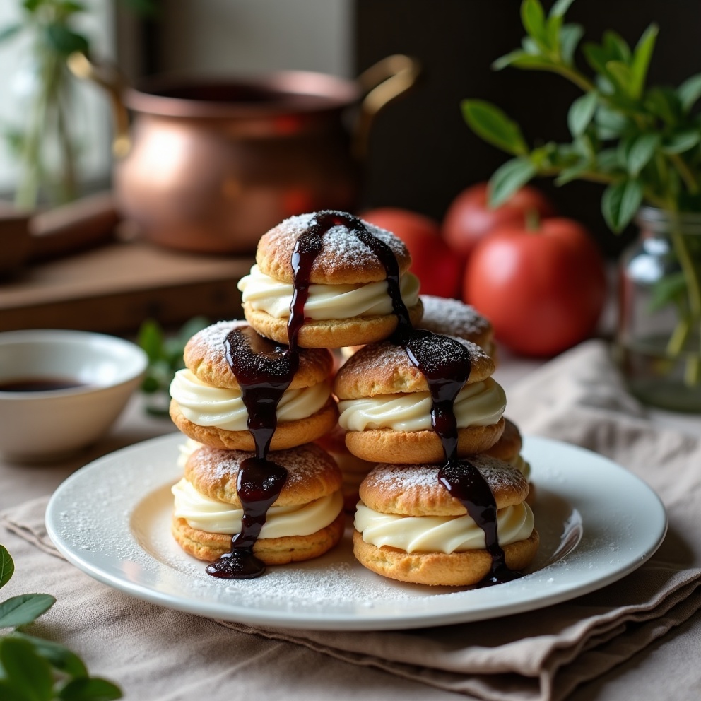 Détail gourmand de Profiteroles au chocolat maison