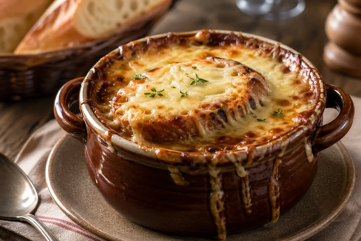 Soupe à l'oignon gratinée en préparation Préparation de Soupe à l'oignon gratinée avec produits français